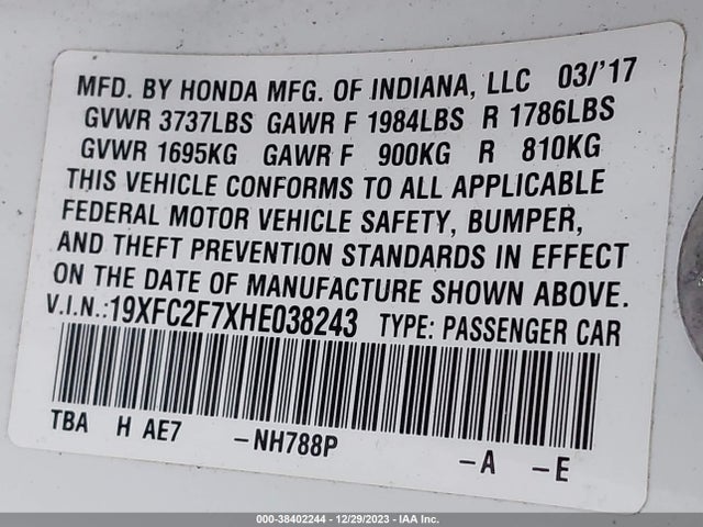 Honda CIVIC EX 2017 19XFC2F7XHE038243 Image 9