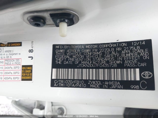 Toyota Prius Three 2015 JTDKN3DU7F0435728 Image 9