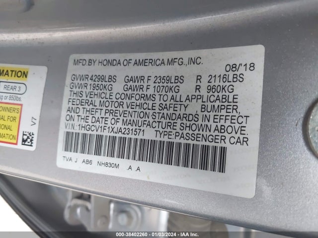 Honda ACCORD LX 2018 1HGCV1F1XJA231571 Image 9