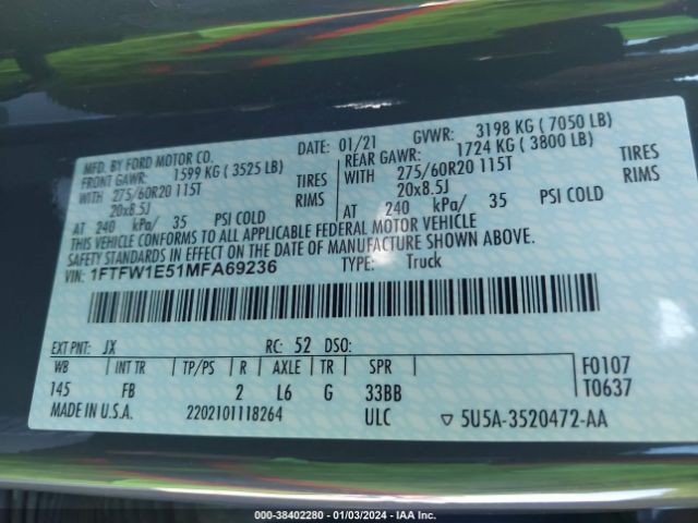 1FTFW1E51MFA69236 Ford F-150 Xlt