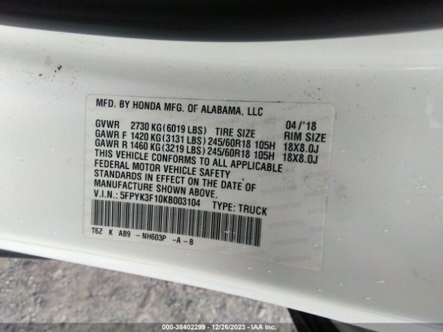 5FPYK3F10KB003104 Honda Ridgeline Sport