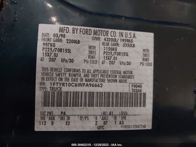 38402315 :رقم المزاد ، 1FTYR10C6WPA96662 vin ، 1998 Ford Ranger Splash/xl/xlt مزاد بيع