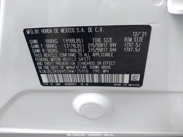 3CZRU6H53NM735956 Honda Hr-v Awd Ex