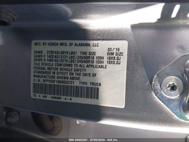 5FPYK3F19KB033721 Honda Ridgeline Sport