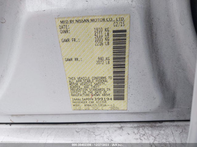 2015 NISSAN ALTIMA 2.5 S VIN: 1N4AL3AP0FN399194