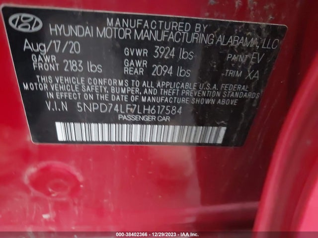 2020 HYUNDAI ELANTRA SE VIN: 5NPD74LF7LH617584