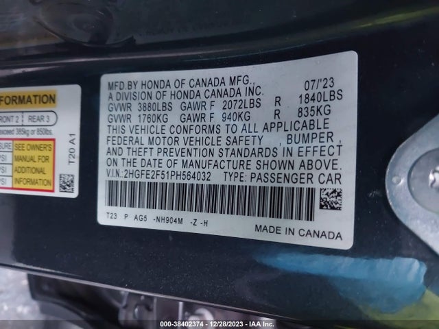 2023 HONDA CIVIC SPORT VIN: 2HGFE2F51PH564032