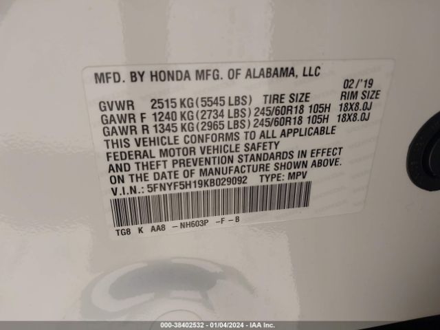 5FNYF5H19KB029092 Honda PILOT LX