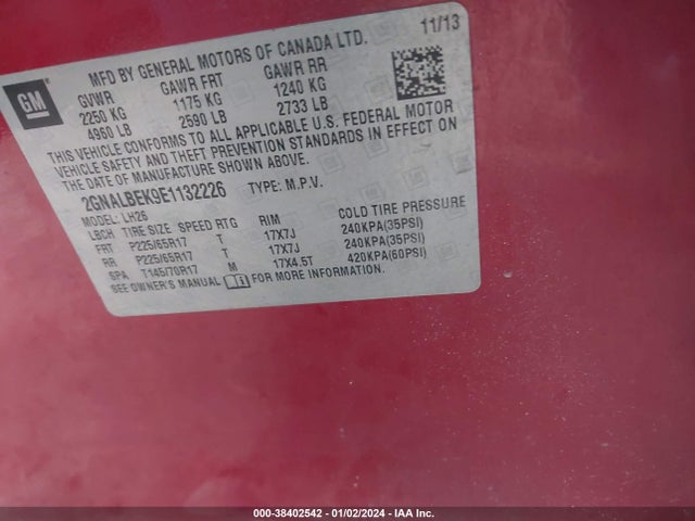 2014 CHEVROLET EQUINOX 1LT VIN: 2GNALBEK9E1132226