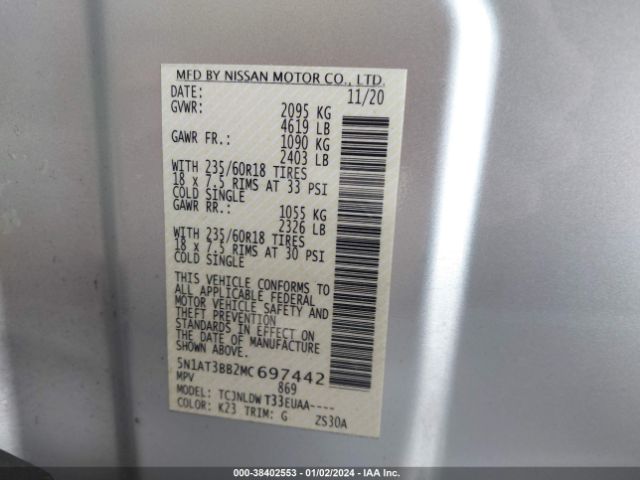 5N1AT3BB2MC697442 Nissan Rogue Sv Intelligent Awd