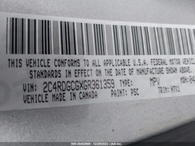2C4RDGCGXGR361359 Dodge Grand Caravan Sxt