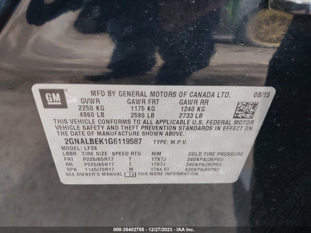 2016 CHEVROLET EQUINOX LS VIN: 2GNALBEK1G6119587