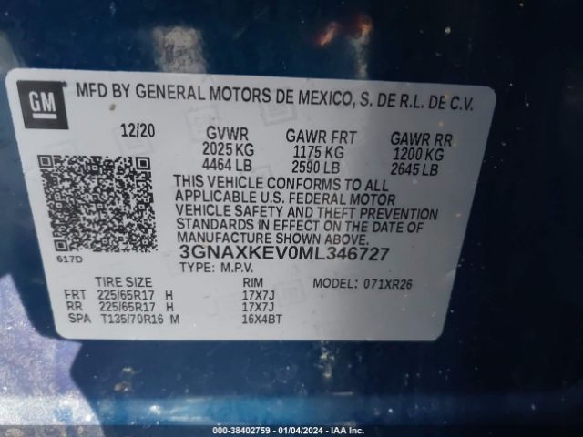 3GNAXKEV0ML346727 Chevrolet Equinox Fwd Lt