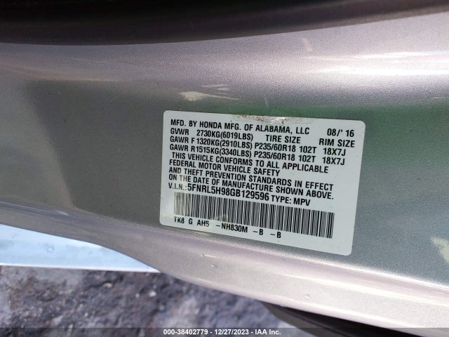 2016 HONDA ODYSSEY TOURING/TOURING ELITE VIN: 5FNRL5H98GB129596