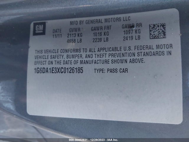 2012 CADILLAC CTS STANDARD VIN: 1G6DA1E3XC0126185