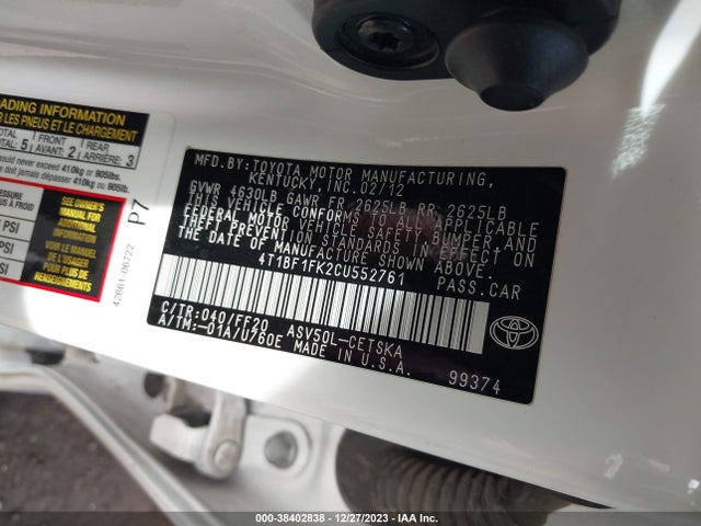 2012 TOYOTA CAMRY SE VIN: 4T1BF1FK2CU552761