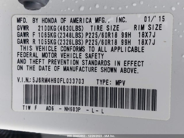 Honda Cr-v Touring 2015 5J6RM4H90FL033703 Image 9