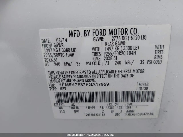 2015 FORD EXPLORER LIMITED VIN: 1FM5K7F87FGA17959