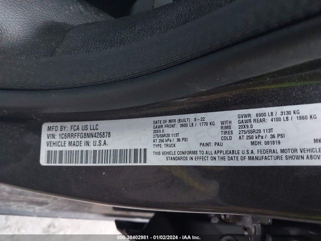 RAM 1500 Big Horn  4x4 5'7 Box 2022 1C6RRFFG8NN426878 Image 9