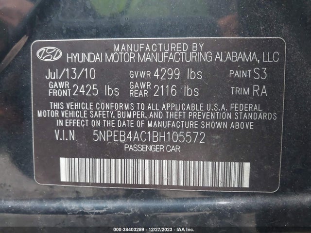 2011 HYUNDAI SONATA GLS VIN: 5NPEB4AC1BH105572
