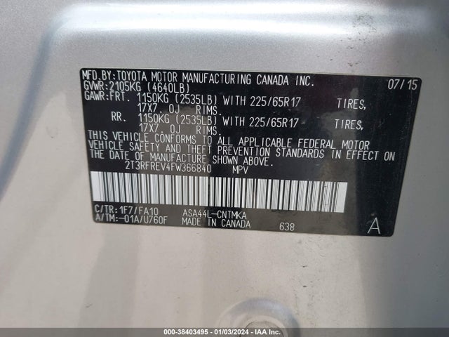 2015 TOYOTA RAV4 XLE VIN: 2T3RFREV4FW366840