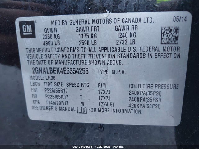 Chevrolet EQUINOX 1LT 2014 2GNALBEK4E6354255 Image 9