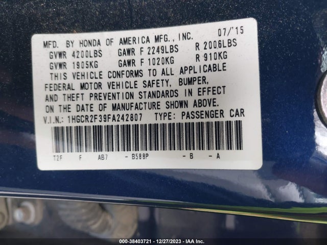 Honda ACCORD LX 2015 1HGCR2F39FA242807 Image 9