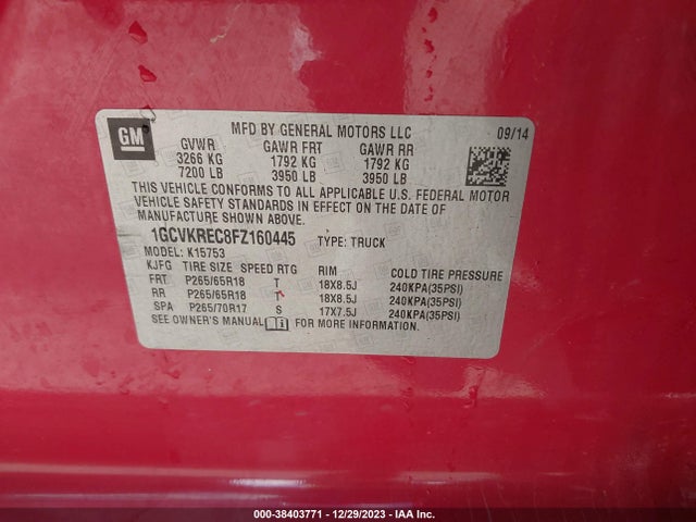 2015 CHEVROLET SILVERADO 1500 2LT VIN: 1GCVKREC8FZ160445