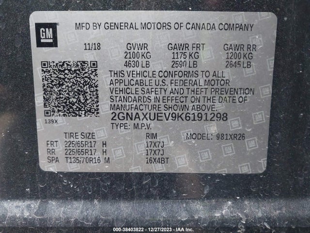 Chevrolet EQUINOX LT 2019 2GNAXUEV9K6191298 Image 9