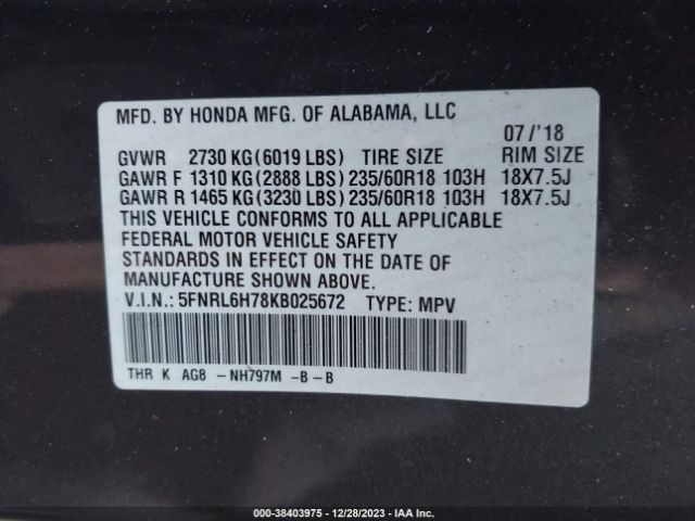 5FNRL6H78KB025672 Honda Odyssey Ex-l