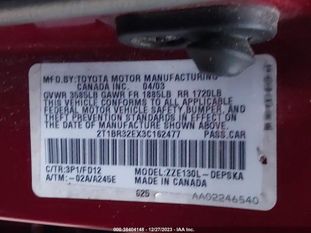 2003 TOYOTA COROLLA S VIN: 2T1BR32EX3C162477