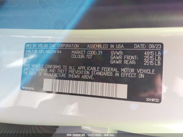 2024 VOLVO S60 B5 PLUS DARK THEME VIN: 7JRL12FL4RG294144
