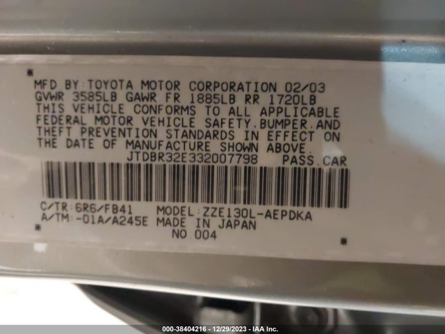 2003 TOYOTA COROLLA CE VIN: JTDBR32E332007798