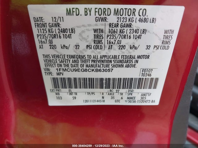 2012 FORD ESCAPE LIMITED VIN: 1FMCU9EG8CKB63057
