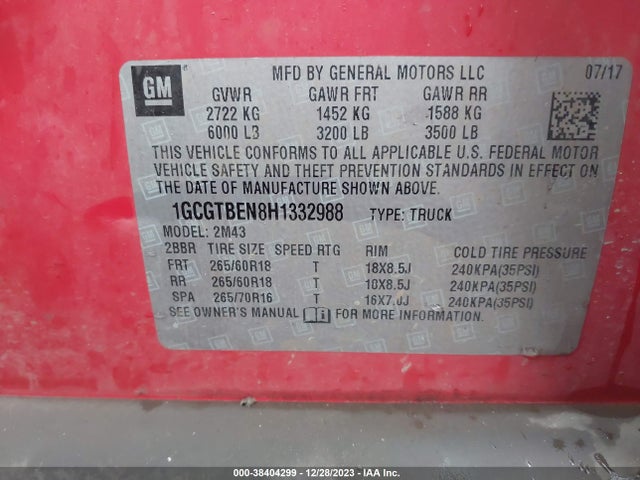 Chevrolet Colorado Wt 2017 1GCGTBEN8H1332988 Image 9