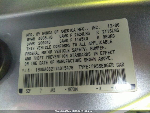 2007 ACURA TL 3.2 VIN: 19UUA66217A015476
