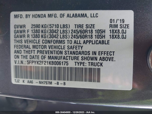 Honda Ridgeline Rt 2019 5FPYK2F21KB006175 Image 9
