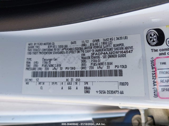 2013 FORD FIESTA S VIN: 3FADP4AJ2DM164547