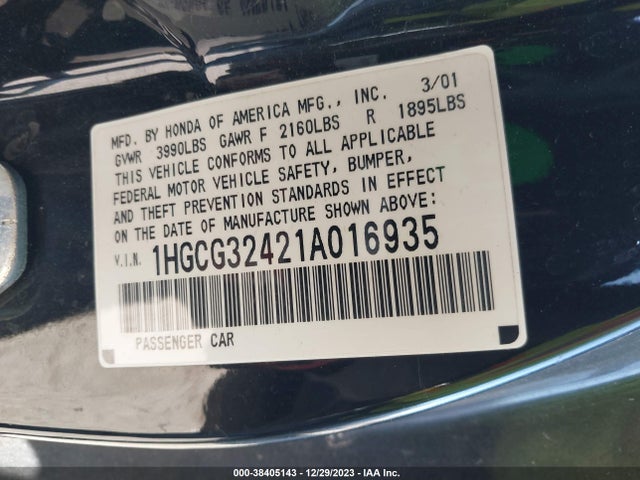 2001 HONDA ACCORD CPE LX VIN: 1HGCG32421A016935