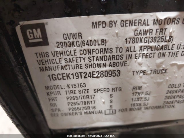 2004 CHEVROLET SILVERADO 1500 Z71 VIN: 1GCEK19T24E280953