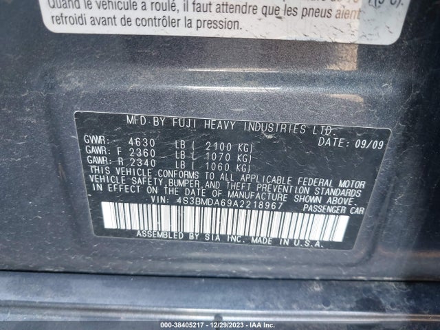 2010 SUBARU LEGACY 3.6R VIN: 4S3BMDA69A2218967