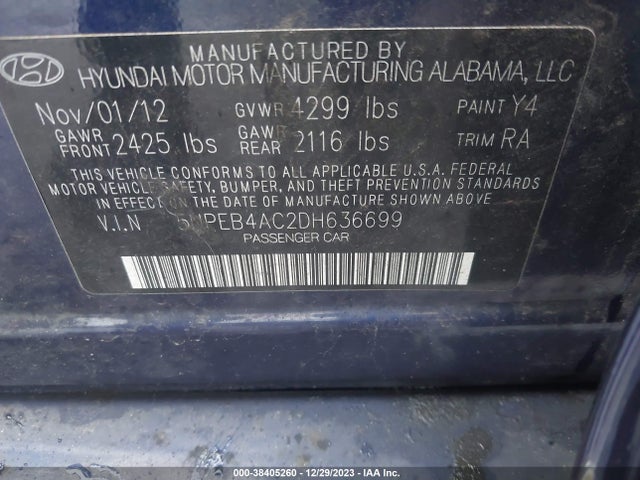 2013 HYUNDAI SONATA GLS VIN: 5NPEB4AC2DH636699