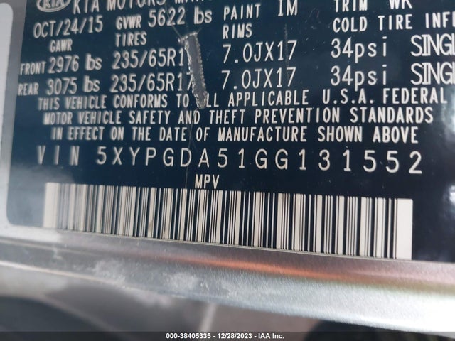 2016 KIA SORENTO 3.3L LX VIN: 5XYPGDA51GG131552