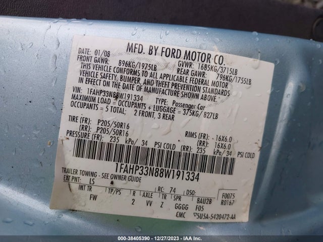 2008 FORD FOCUS SE/SES VIN: 1FAHP33N88W191334