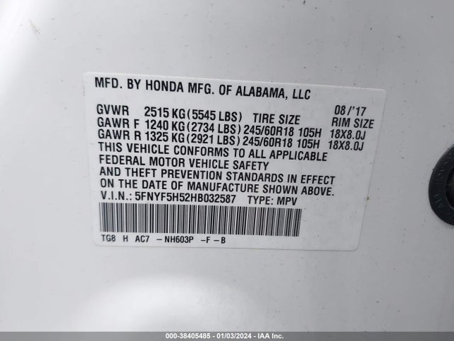 Honda Pilot Ex-l 2017 5FNYF5H52HB032587 Image 9