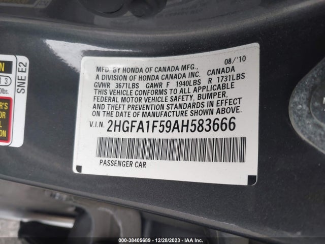 2010 HONDA CIVIC LX VIN: 2HGFA1F59AH583666