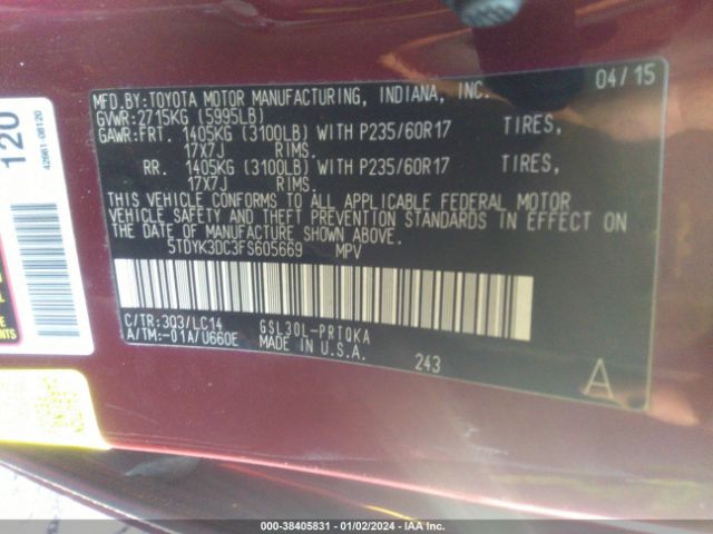 5TDYK3DC3FS605669 Toyota Sienna Xle Premium 8 Passenger