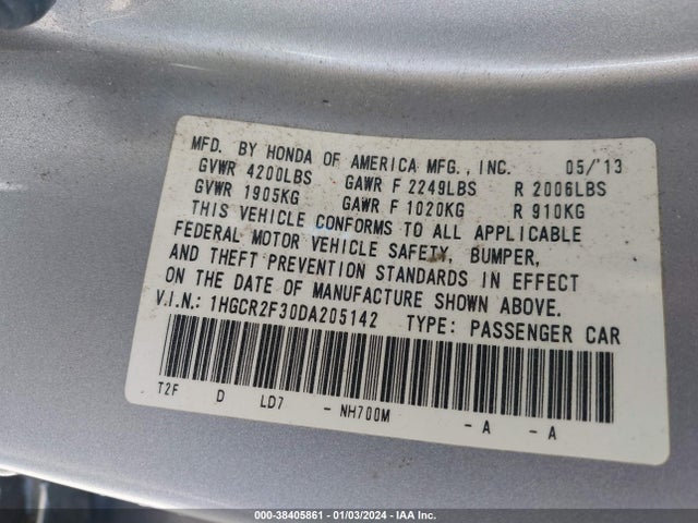 2013 HONDA ACCORD LX VIN: 1HGCR2F30DA205142