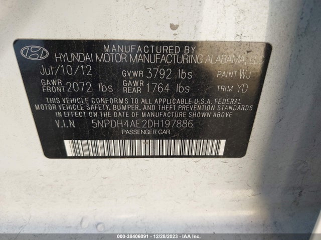 2013 HYUNDAI ELANTRA GLS VIN: 5NPDH4AE2DH197886