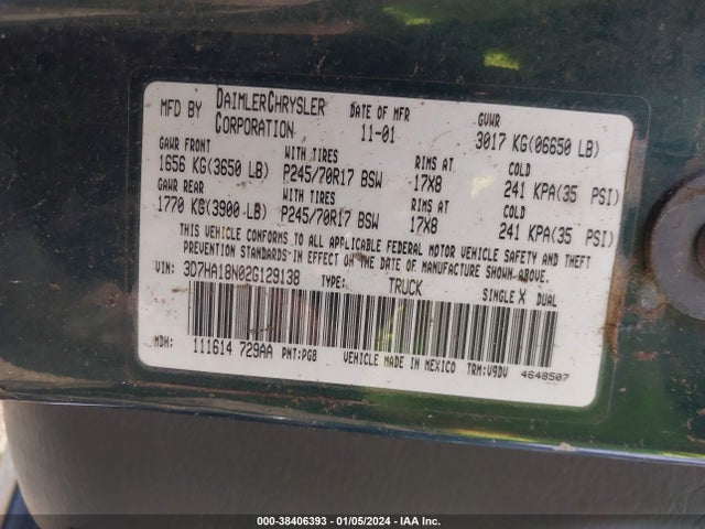 2002 DODGE RAM 1500 SLT VIN: 3D7HA18N02G129138